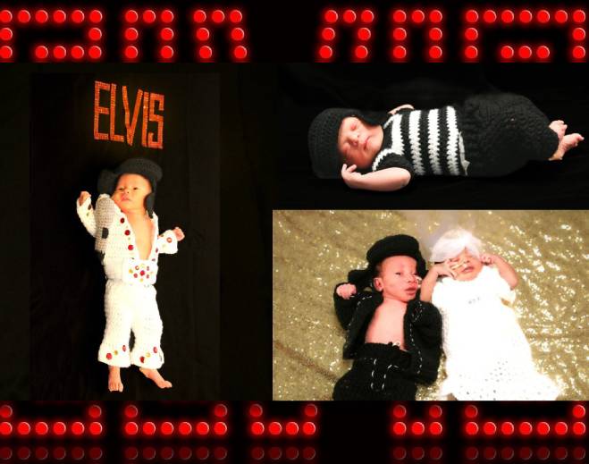 Newborns dressed in themed Elvis costumes